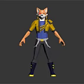 Stylized Anthropomorphic Fox Character with Yellow Blue Jacket Gray Pants Yellow Blue Boots