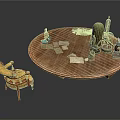 Round Wooden Table With Papers Bottles And Green Lamp Near Vintage Chair