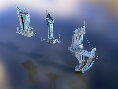 Futuristic Metallic Architectural Structures With Tall Unique Shapes And Water Reflections 3d model