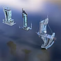 Futuristic Metallic Architectural Structures With Tall Unique Shapes And Water Reflections