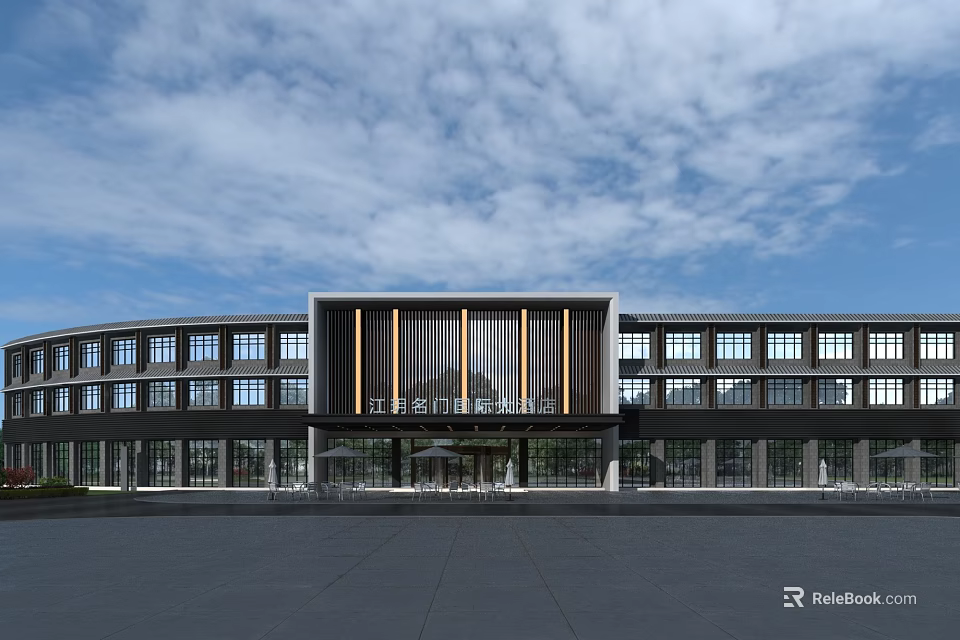 Elegant Modern Entrance Gate with Vertical Stripes Design and Large Glass Windows 3d model 