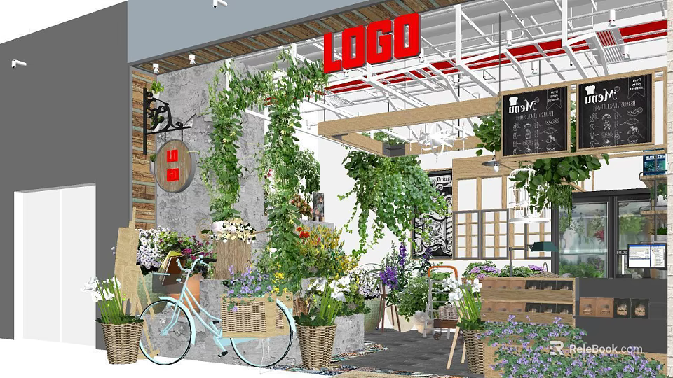 Bonsai Potted Plants In Garden Shop With Green Vines And Decorative Baskets 3d model 