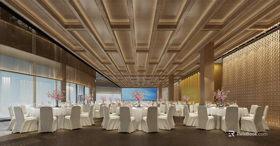 Elegant Banquet Hall Interior With Wooden Ceiling White Tablecloths Pink Floral Decor And Large Screen 3d model 