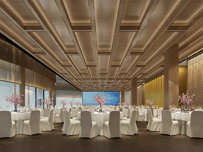 Elegant Banquet Hall Interior With Wooden Ceiling White Tablecloths Pink Floral Decor And Large Screen 3d model