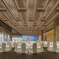 Elegant Banquet Hall Interior With Wooden Ceiling White Tablecloths Pink Floral Decor And Large Screen