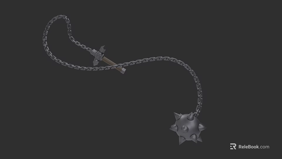 Medieval Flail Weapon With Metal Chain Spiked Ball And Wooden Handle 3d model 