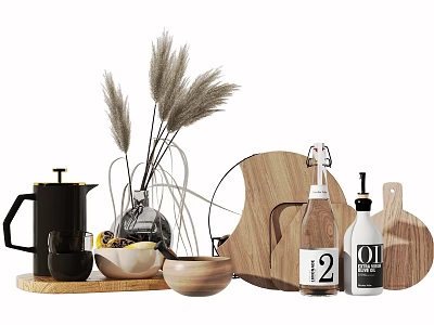 Stylish Kitchenware with Coffee Pot Wooden Tray Olive Oil Bottles Bowls and Pampas Grass 3d model