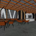 Modern Restaurant Interior With Striped Ceiling Wooden Elements Sofa Seating And Bar Counter