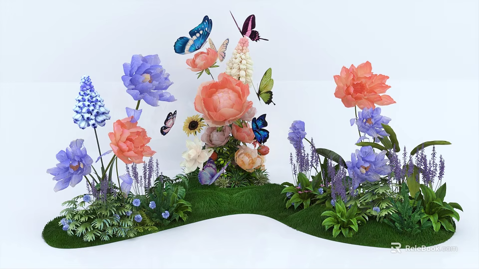 Floral Art Installation with Colorful Flowers Butterfly Accents and Green Grass Decor 3d model 