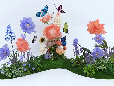 Floral Art Installation with Colorful Flowers Butterfly Accents and Green Grass Decor 3d model