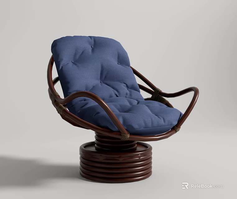 Blue Cushioned Leisure Chair With Brown Curved Frame And Round Swivel Base 3d model 