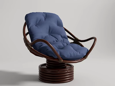 Blue Cushioned Leisure Chair With Brown Curved Frame And Round Swivel Base 3d model