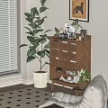 Modern Wooden Entryway Console Cabinet With Drawers Storage And Green Plants Decor