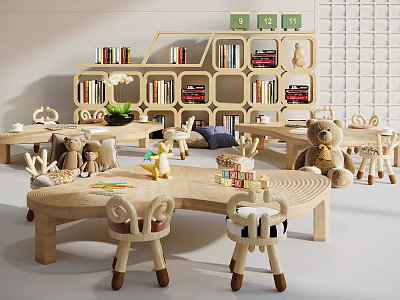 Wooden Kids Table With Storage Bookshelves And Toys For Learning And Playing 3d model