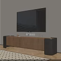 Modern Wooden TV Stand with Storage Drawers and Dark Side Supports Under Large TV