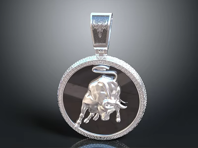 Silver Round Pendant Jewelry With Bull Design And Encrusted Edges 3d model