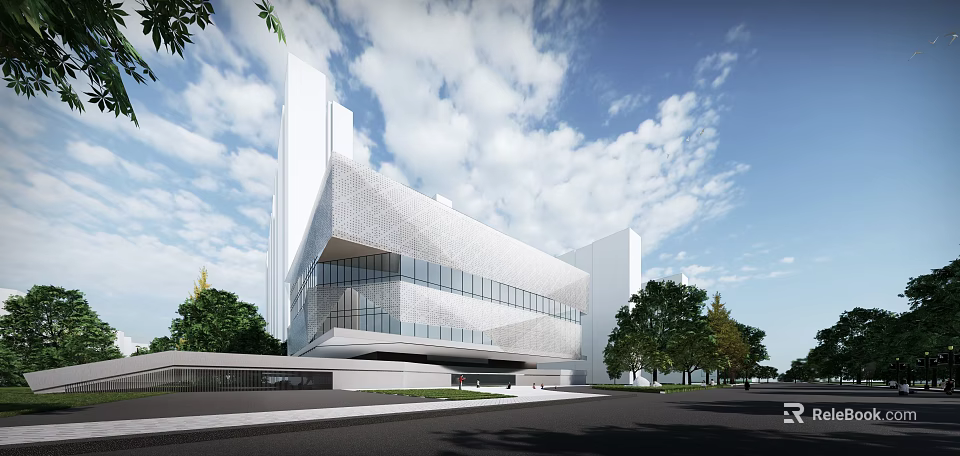 Modern White Building Featuring Glass Curtain Wall Surrounded By Trees Under Blue Sky White Clouds 3d model 