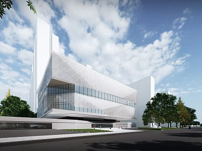 Modern White Building Featuring Glass Curtain Wall Surrounded By Trees Under Blue Sky White Clouds 3d model