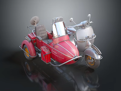 Vintage Motorcycle With Red Sidecar Silver Body And Classic Leather Seats 3d model