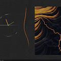 Modern Wall Hangings Featuring Black Circular Clock And Abstract Art With Yellow Black Wavy Lines