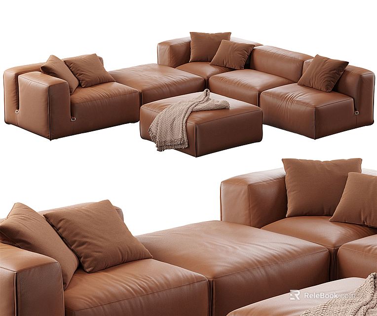 Brown Leather Modular Sofa Set With Multiple Cushions Ottoman And Blanket 3d model 