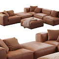 Brown Leather Modular Sofa Set With Multiple Cushions Ottoman And Blanket