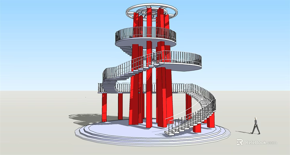 Spiral Tower With Red Columns And Spiral Staircase Observation Platform Design 3d model 