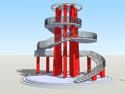 Spiral Tower With Red Columns And Spiral Staircase Observation Platform Design 3d model