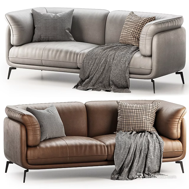 Light Gray And Brown Leather Sectional Sofa With Soft Pillows And Throw Blanket 3d model 