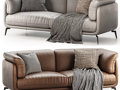 Light Gray And Brown Leather Sectional Sofa With Soft Pillows And Throw Blanket 3d model