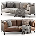 Light Gray And Brown Leather Sectional Sofa With Soft Pillows And Throw Blanket