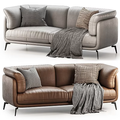 Light Gray And Brown Leather Sectional Sofa With Soft Pillows And Throw Blanket 3d model