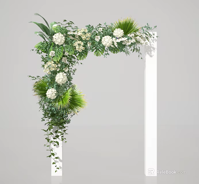 Elegant White Flower Arch With Green Leaves For Wedding Decorative Arrangement 3d model 