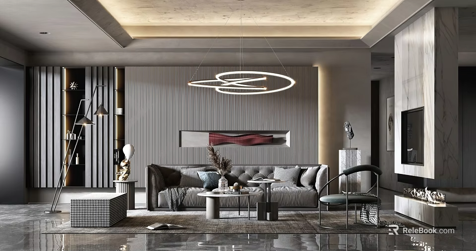 Modern Living Room Interior Design With Sofa Coffee Table Chandelier And Textured Wall Decor 3d model 