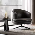 Modern Black Leather Single Chair With Swivel Base Moon Lamp Near Floor To Ceiling Window