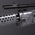 Futuristic Sci Fi Gun With Scope Perforated Barrel Metal Body And Wooden Grip