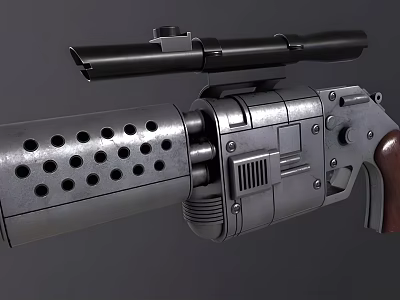 Futuristic Sci Fi Gun With Scope Perforated Barrel Metal Body And Wooden Grip 3d model