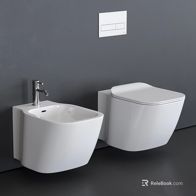 Modern White Ceramic Wall Mounted Toilet With Sink On Gray Bathroom Wall 3d model 