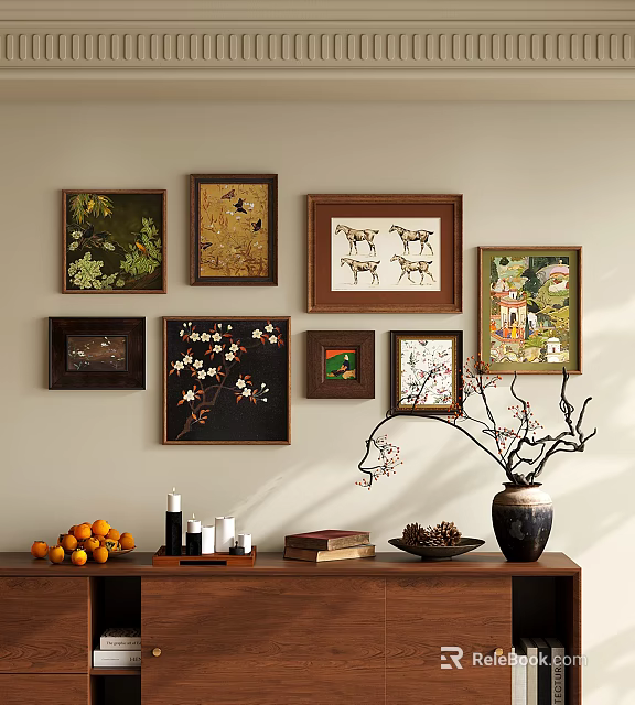 Framed Botanical Paintings as Wall Decor with Vase Oranges Candles and Books 3d model 