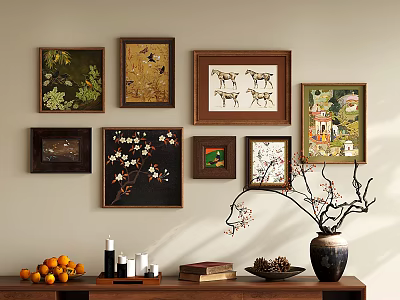 Framed Botanical Paintings as Wall Decor with Vase Oranges Candles and Books 3d model