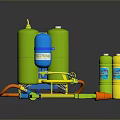 Tactical Weapon Sprayer Equipment With Green Blue Cans And Yellow Ammunition Bottles
