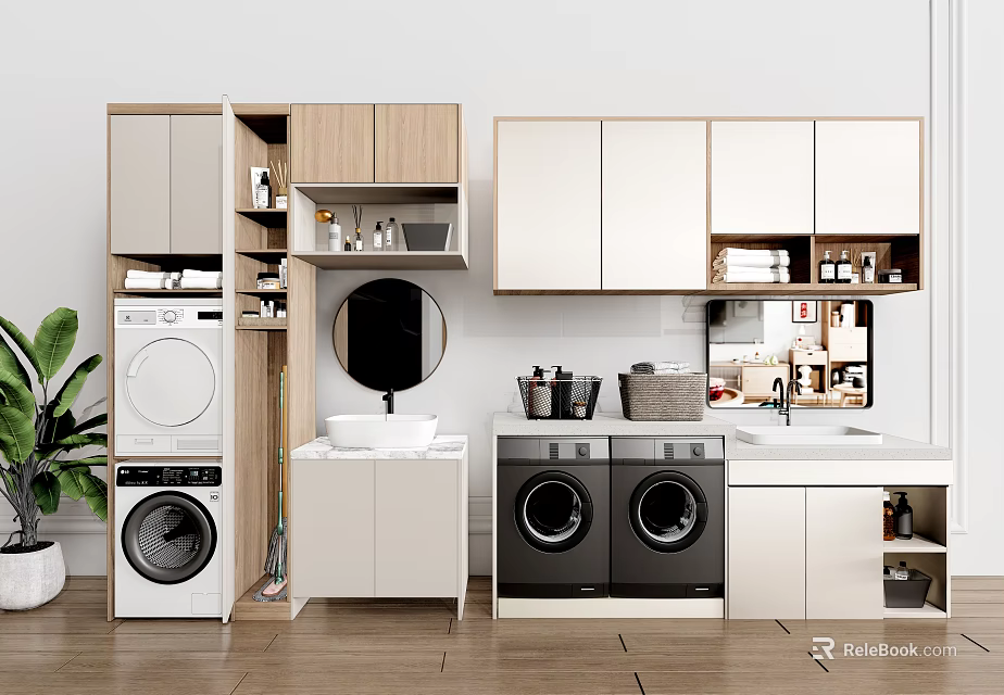 Modern Bathroom Vanity Cabinet With Washing Machine Mirror And Storage Shelves 3d model 