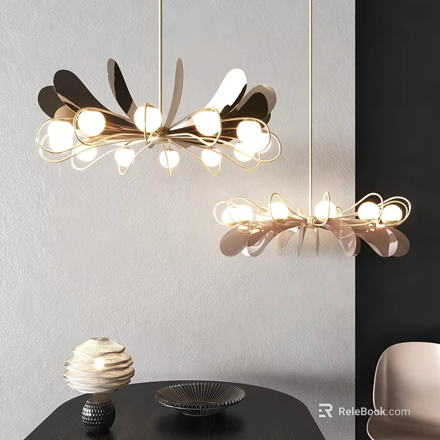 Modern Petal Shaped Pendant Lights With Gold Metal Frame And Glass Bulbs For Living Room 3d model 