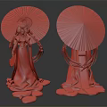 Oriental Female Figures in Traditional Costume with Decorative Umbrellas and Elaborate Hair Details