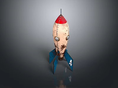 Vintage Worn Texture Rocket Model Featuring Red Top White Body And Blue Fins 3d model
