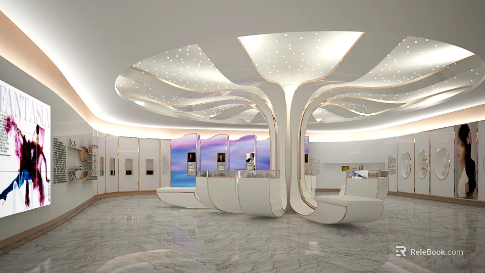 Modern Event Entrance Design With Tree Structure Circular Ceiling Marble Floor And Display Cabinets 3d model