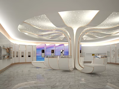 Modern Event Entrance Design With Tree Structure Circular Ceiling Marble Floor And Display Cabinets 3d model
