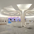Modern Event Entrance Design With Tree Structure Circular Ceiling Marble Floor And Display Cabinets 3d model