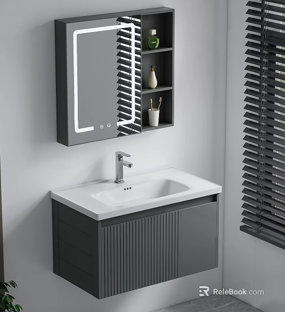 Modern Bathroom Vanity With White Countertop Gray Vertical Stripe Cabinet Mirrored Shelf And Window Blinds 3d model 