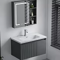 Modern Bathroom Vanity With White Countertop Gray Vertical Stripe Cabinet Mirrored Shelf And Window Blinds